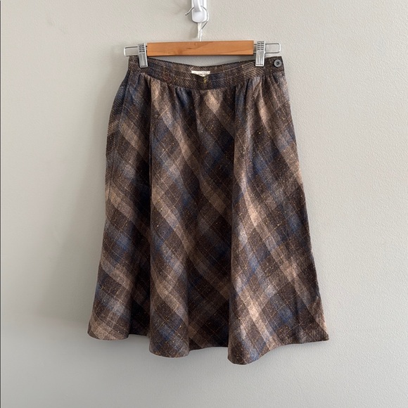 Vintage Oscar de la Renta Brown and Blue Plaid A-Line Skirt - Picture 1 of 6